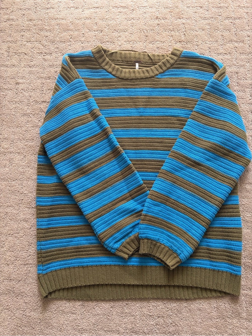 Free People Oversized Olive and Bright Blue Striped Crewneck Sweater